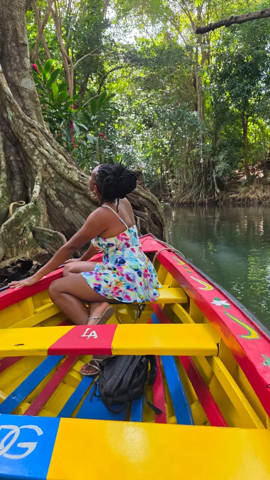 Guest on an Indian River boat ride beneath giant buttressed trees, northern Dominica