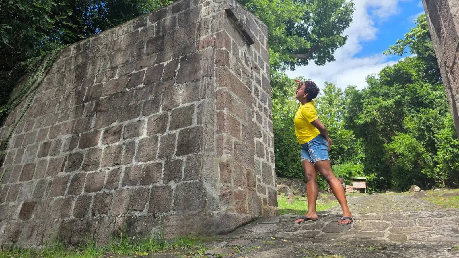 Guest exploring historic stone ruins at Fort Shirley