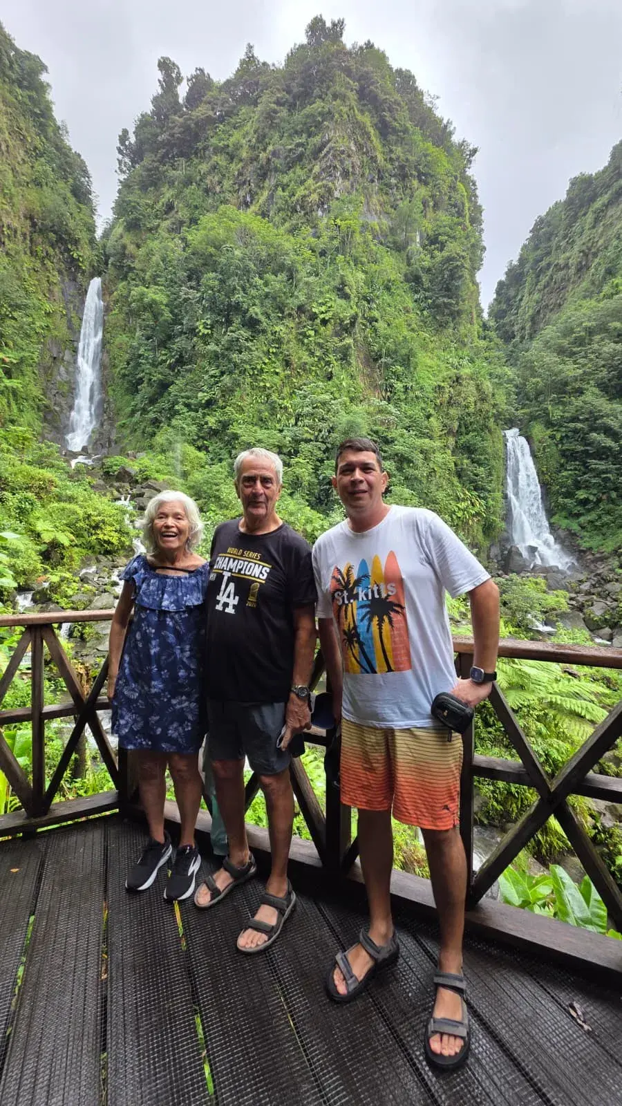 Group at a twin waterfall viewpoint in Dominica